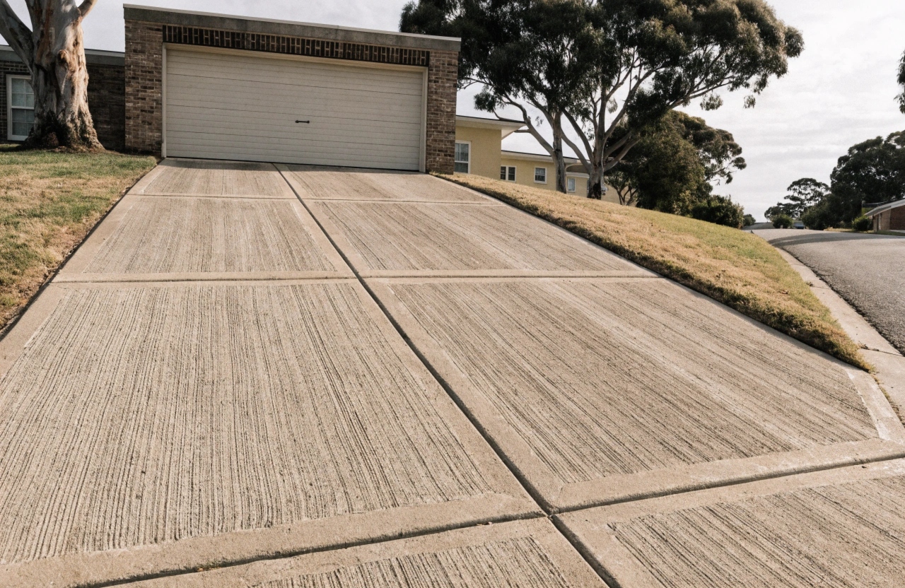 Concrete driveway poured on graded fall on a sloping Woden Valley block