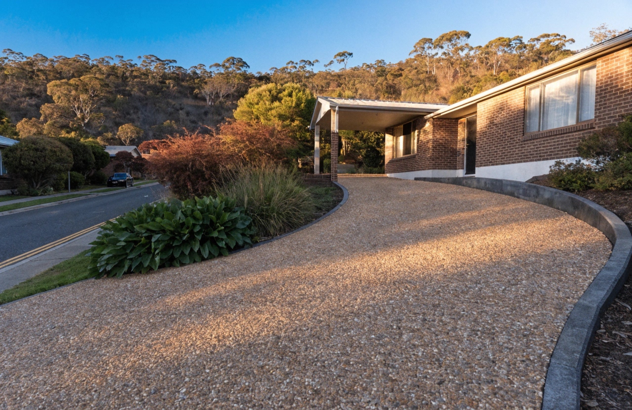 Exposed aggregate concrete driveway on a sloping block in Farrer, Canberra